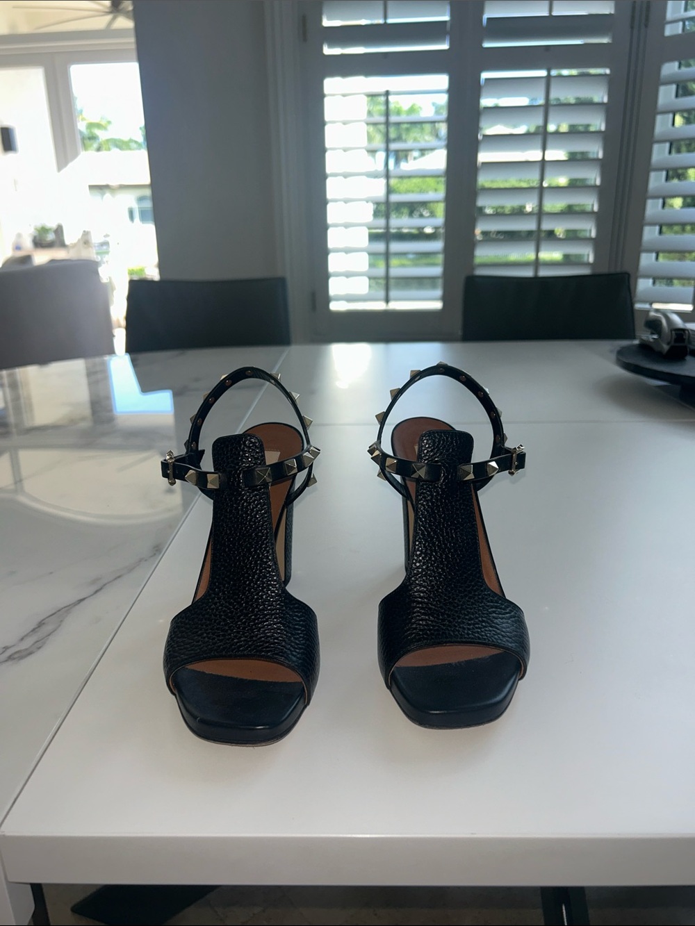 Valentino Black Studded T-Strap High Block Heel Sandals